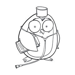 Hand-drawn funny doctor penguin with phonendoscope. Vector illustration for design or textile print