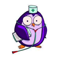 Hand-drawn funny doctor penguin with phonendoscope. Vector illustration for design or textile print