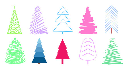 Colorful christmas trees on white. Set for design on isolated background. Geometric art. Objects for polygraphy, posters, t-shirts and textiles. Colored illustration