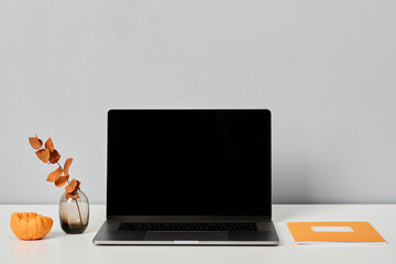 Autumn decoration on workplace with laptop, orange notebook, pumpkin, vase with twig