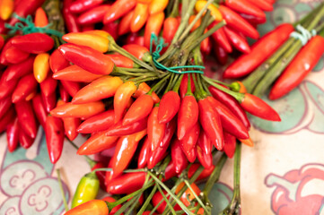 Bunches of red hot chili peppers for sale on market