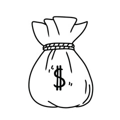 Vector hand drawn doodle sketch of a textile sack bag in monochrome black and white style with money cash icon
