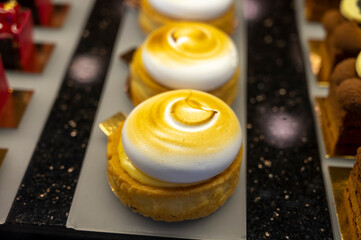 Austrian desserts, different types of chocolate and fruit cakes in cafe in Vienna.