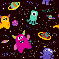 seamless pattern with aliens and space monsters, planets, rockets, stars, comets, spaceships in cartoon style. vector illustration