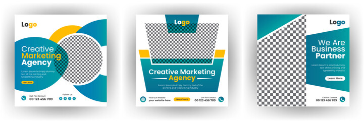 New set of editable advertising square banners in black yellow colors. Abstract minimalistic templates for social media posts and web or internet ads.