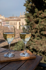 Two glasses of Spanish dry rueda white wine served on roof terrace with view on old part of Andalusian town Granada, Spain
