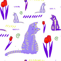 Vector seamless pattern with cats and tulips.