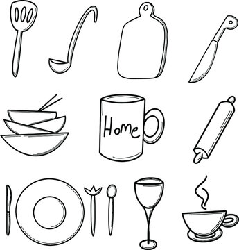 Kitchen utensils 

Kitchen, utensils, dishes, set, house, dishes, cook, cooking, recipe, tasty, hearty, housewife, family, breakfast, lunch, dinner, black white, picture, illustration, drawing, dudle,