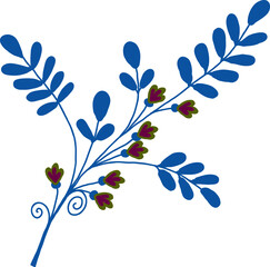 A twig with blue leaves and flowers. Vector file for design.