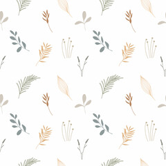 Seamless pattern with different tropic leaves on white background. Modern Scandinavian style illustration, perfect for greeting cards, wall art, wrapping paper, etc.