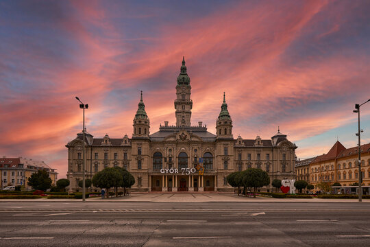 Town Hall of Győr, Hungary at Sunset