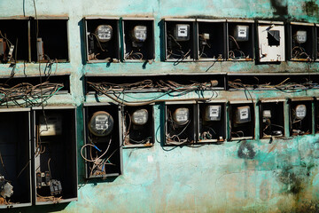 Old electricity meters in a small village in Amazonas, Brazil. Electrical counters in use for different houses on a turquoise green wall, Cacau Pirera, Manaus, Brazil