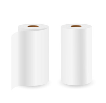 Two rolls of paper towels isolated on white background. Vector realistic Mockup. White napkin rolls without pattern. Blank template. EPS10.