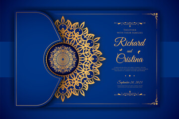 Luxury Mandala Wedding Invitation Card template with arabesque pattern Arabic Islamic background.