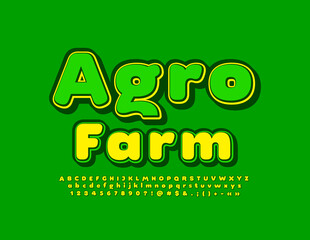 Vector bright Poster Agro Farm. Creative Font. Modern set of Alphabet Letters and Numbers