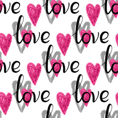 Stylish graphic seamless pattern with hearts and the inscriptions love	