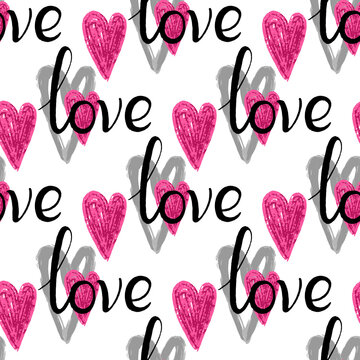Fototapeta Stylish graphic seamless pattern with hearts and the inscriptions love 