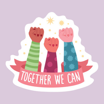 Feminist and body positive vector sticker Together we can. Female movement cartoon badge with inspirational quote. Women empowerment, self acceptance and gender equality trendy lettering pack