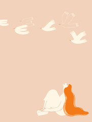 Illustration with woman and flying birds. - 500249637