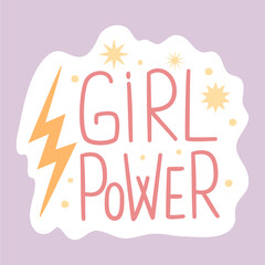 Feminist and body positive vector sticker Girl Power. Female movement cartoon badge with inspirational quote. Women empowerment, self acceptance and gender equality trendy lettering pack