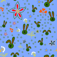 Bunnies, flowers and leaves on a blue background. Vector seamless pattern.