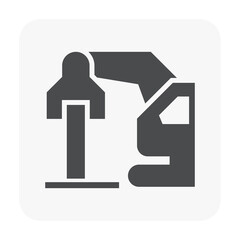 Sheet pile driving or installation vector icon. Steel or metal pile include machine equipment called hydraulic vibro hammer mounted on excavator for construction retaining wall of civil engineering.
