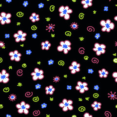 Vector seamless pattern with cute white flowers on a black background.