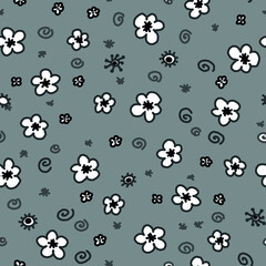 Cute white flowers on a gray background. Vector seamless pattern.