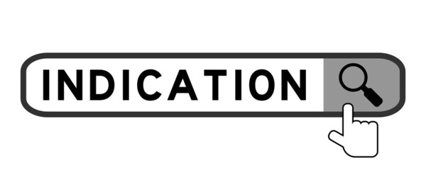 Search banner in word indication with hand over magnifier icon on white background