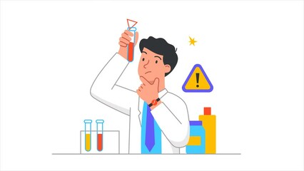 Customer satisfaction video concept. Moving laboratory employee analyzes chemical structure of various good and detergent. Product quality and safety control. Graphic animated cartoon in doodle style
