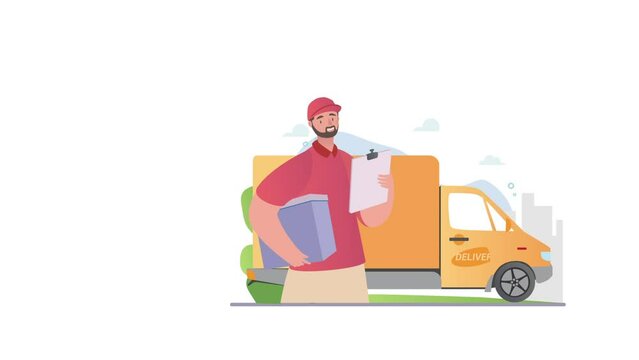 Order delivery service video concept. Young Moving male courier holds box with parcel and delivers it to right address. Cargo truck in background. Shopping Online. Flat graphic animated cartoon