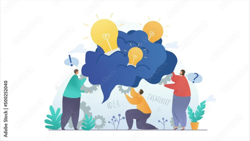 Aufkleber creative idea video concept. moving group of employees inserts elements into brain and generates inn