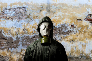 Gas mask. Man wearing a gas mask on his face and the wall behind him with copy space.
