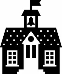Illustration School Building with Flag, Bell, Clock in black and white color palette.  Monochrome vector image of a school building