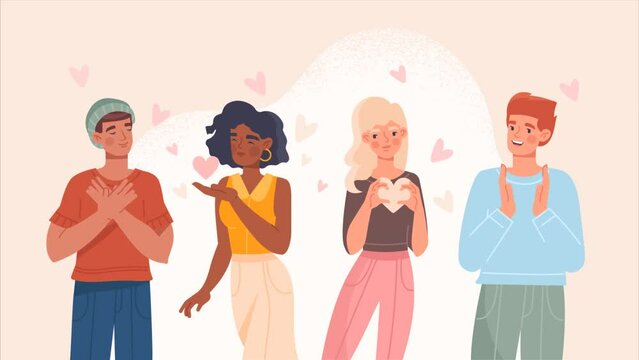 Grateful Smiling People Video Concept. Moving Multinational Men And Women Say Thank You With Various Gestures. Young Kind Characters Surrounded By Pop Up Hearts. Flat Graphic Animated Cartoon