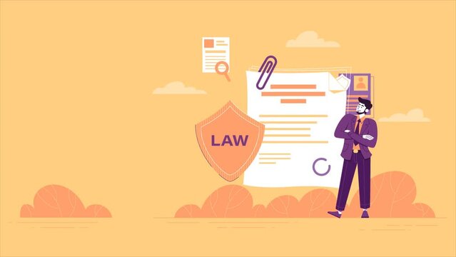 Law and Justice video concept. Young moving lawyer looks through documents and signs. Man Employee defends law and consults with clients. Legal system of State. Flat graphic animated cartoon