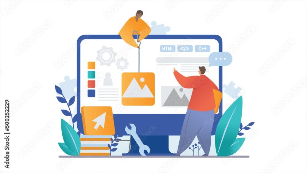 Poster ux, ui and software developers video concept. moving male and female programmers create website inte