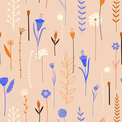 Rustic seamless pattern with fantasy flowers
