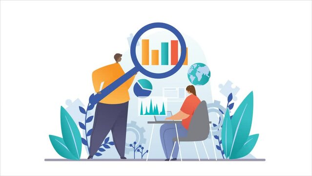 UX, UI and software developers video concept. Moving male and female SEO specialists analyze user experience and create adaptive interface. Programming and coding. Flat graphic animated cartoon