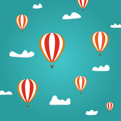Heißluftballons fliegen in den blauen Himmel mit Wolken. Flache Cartoon-Vektor-Illustration. Fantasie, Vorstellungskraft, Studienhintergrund. Nahtloses Kindermuster.