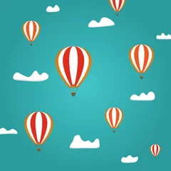 Fototapete Heißluftballon Heißluftballons fliegen in den blauen Himmel mit Wolken. Flache Cartoon-Vektor-Illustration. Fantasie, Vorstellungskraft, Studienhintergrund. Nahtloses Kindermuster.