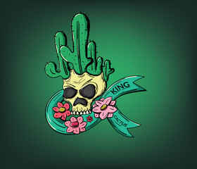 skull and cactus with red flower. vector illustration of skull