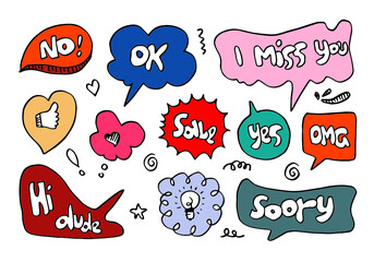 Hand drawn set of speech bubbles with handwritten short phrases no,ok,omg,sale,soory,yes,hi, i miss you on white background.