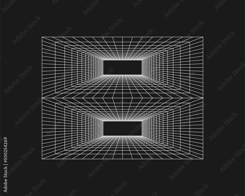 Poster cyber grid, retro punk perspective rectangular tunnel. grid tunnel geometry on black background. vec