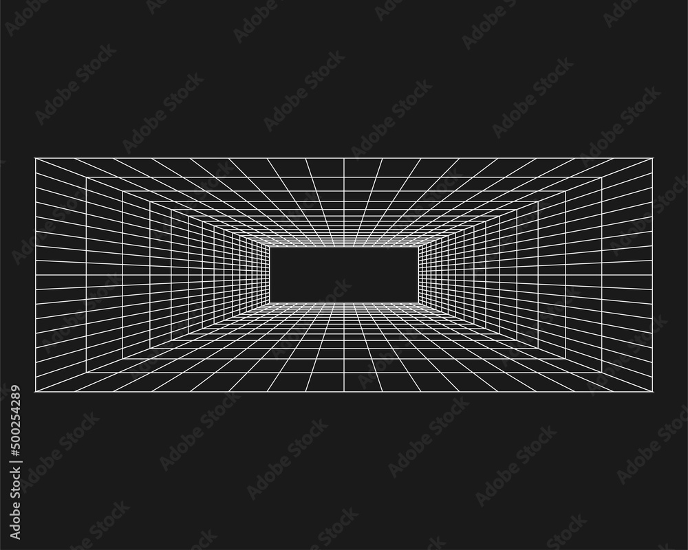Poster cyber grid, retro punk perspective rectangular tunnel. grid tunnel geometry on black background. vec