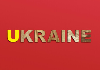 Ukraine, word written in colorful wooden alphabet letters on red background. The concept of a terrible war