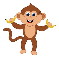 Young brown monkey smiling and standing with blue eyes holding bananas