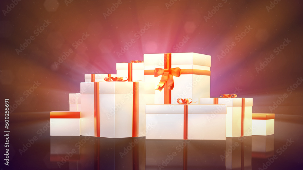 Poster lighting pile of gifts on colorful vivid background - object 3d rendering