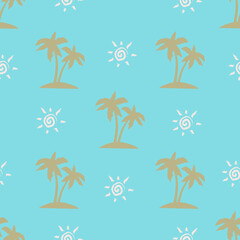 Blue seamless tropical pattern with palms and sun. Silhouette of palm trees. Vector illustration for wrapping paper, print on clothes and more.