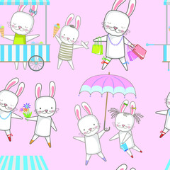 Pattern. Vector image of a cute rabbit. Background, postcard, design.
